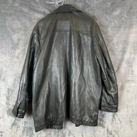 Vtg Men's sz L Banana Republic Black Leather Matrix Long Leather Coat Button-Up